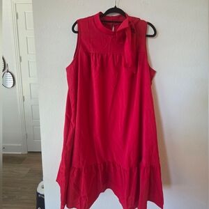 Sleeveless Red Tie-Neck Midi Dress With Pockets